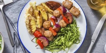 BBQ Sausage Skewers with Cheesy Chips and Rocket Salad Recipe