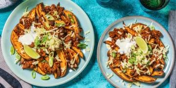 Beany Beef and Bacon Loaded Sweet Potato Wedges with Lime Soured Cream and Spring Onion Recipe