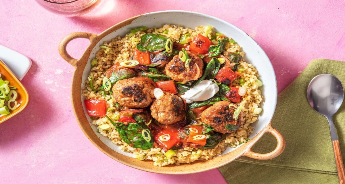 Chermoula Sausage Meatball Stew with Bulgur Wheat TBOD.