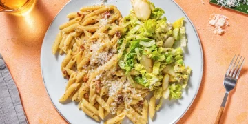 Creamy Bacon & Mustard Penne with Pear & Blue Cheese Salad