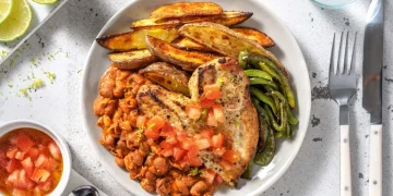 Fajita Chicken with Roasted Pepper, Refried Beans and Wedges Recipe