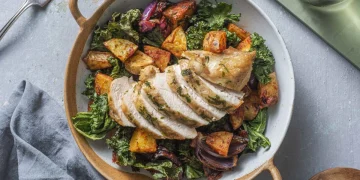 Herby Crispy Skin Chicken with Sticky Baked Veg Recipe