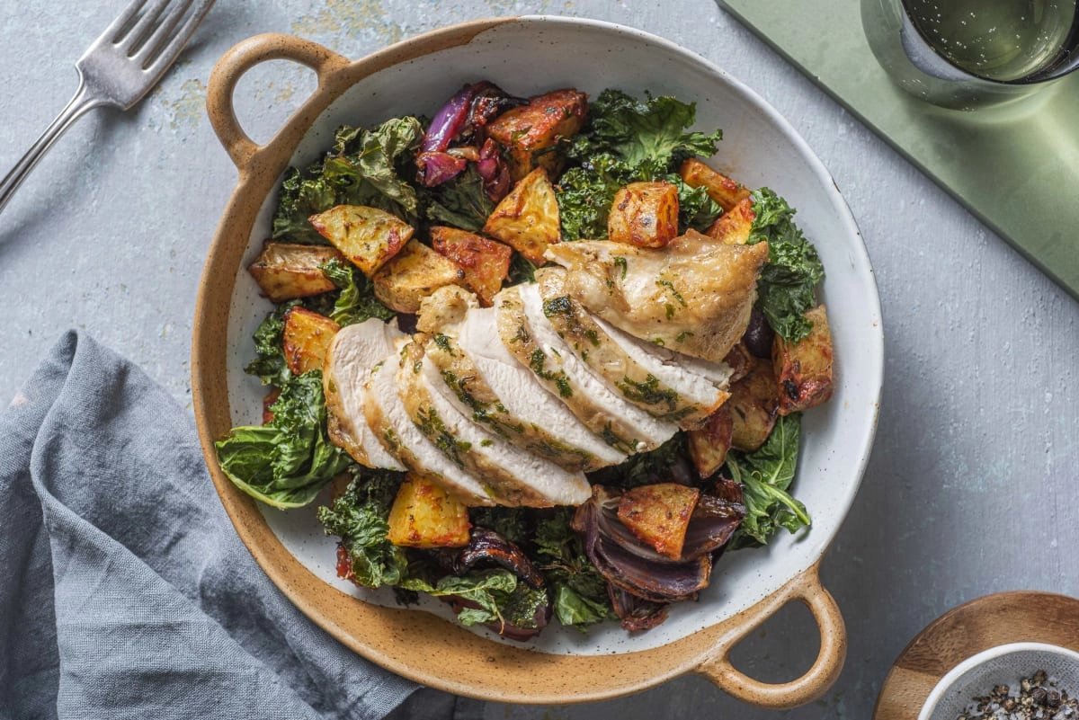 Herby Crispy Skin Chicken with Sticky Baked Veg Recipe