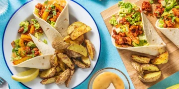 Mango Chutney Glazed Chicken Wraps with Spiced Pepper and Potato Wedges Recipe