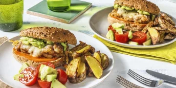 Mexican Cheesy Chicken Burger with Guacamole, Salad and Wedges Recipe