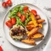 Naked Cheese Burger with Caramelised Shallots, Sweet Potato Wedges and Salad