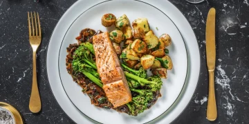 Oven-Baked Salmon with Garlic Sauce, Vegetables and Roasted Potatoes Recipe