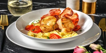 Pan-Fried Monkfish and Creamy Tagliatelle with Serrano Ham and Slow Roasted Garlic Tomatoes Recipe