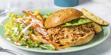 Pulled Chicken Burger with Wedges and Tangy Salad Recipe