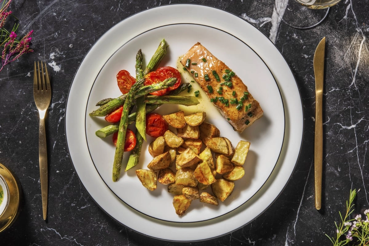 Salmon and Asparagus with Salad Potatoes and Chive Butter Sauce