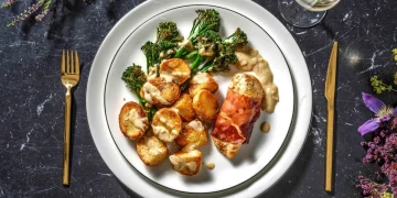 Serrano Ham Wrapped Chicken with Cheesy Truffle Roast Potatoes and Roasted Tenderstem Recipe