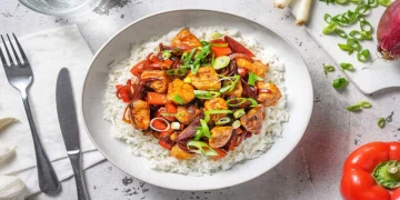 Sweet and Sour Style Chicken with Pepper and Rice Recipe