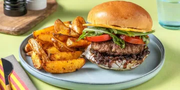 Beef Burger and Truffle Wedges with Cheese Crisp, Onion Marmalade and Mayo Recipe