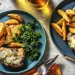 Cheese and Caramelised Onion Pork Steaks with Wedges and Garlicky Greens