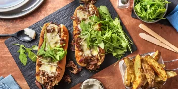 Cheesy Confit Duck Brioche Buns with Wedges and Rocket Salad Recipe