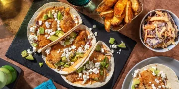 Crispy Breaded Chipotle Chicken Tacos with Feta, Paprika, Wedges & Coleslaw Recipe