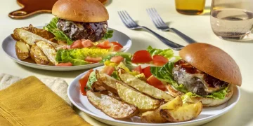 Double Cheese Baked BBQ Burgers with Wedges and Salad Recipe