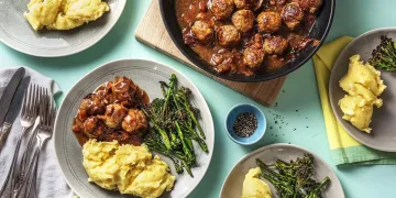 Meatballs and Bacon & Onion Gravy with Cheesy Mash and Broccoli Recipe