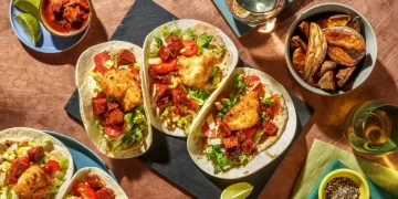 Popcorn Chicken Tacos with Chorizo Jam and Wedges Recipe