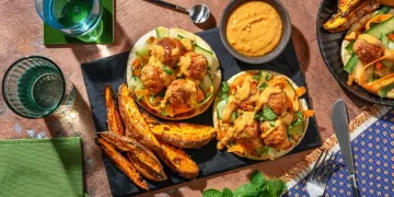 Thai Style Pork Meatballs on Flatbreads with Sesame Sweet Potato Wedges and Peanut Butter Drizzle Recipe